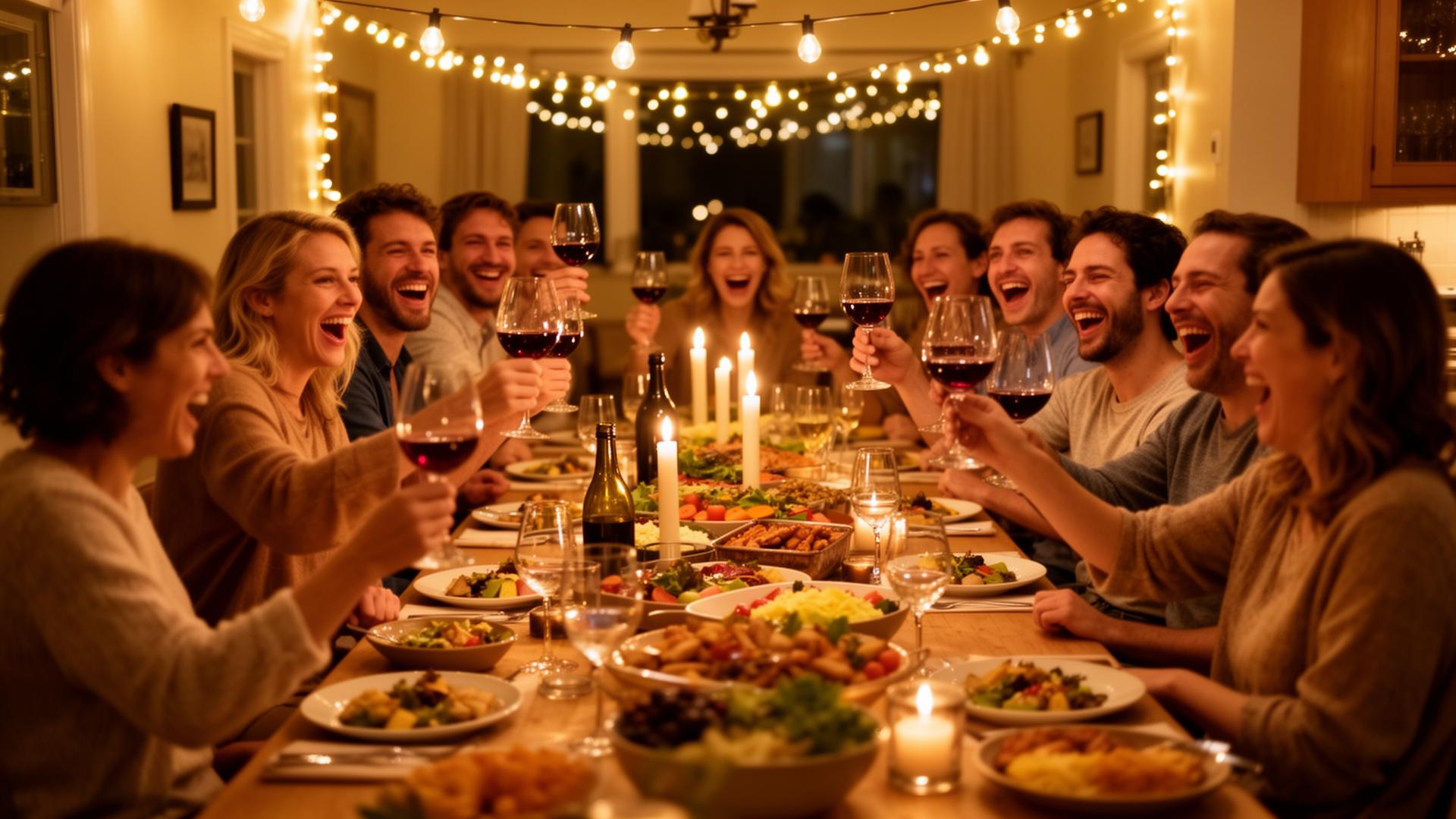 A long candlelit dinner table full of friends mid-toast, wine glasses raised under string lights.