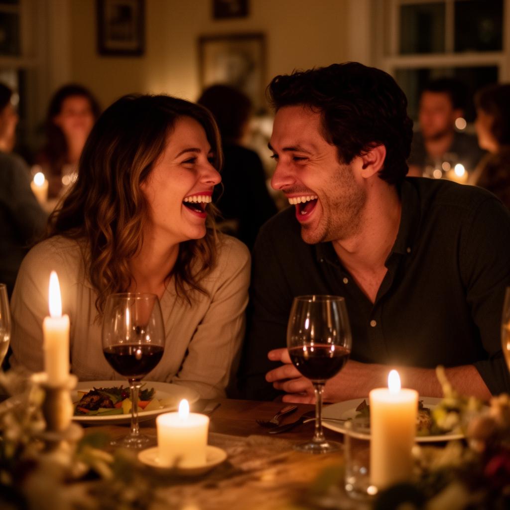 Two friends laughing wide-mouthed over wine glasses at a candlelit dinner party.