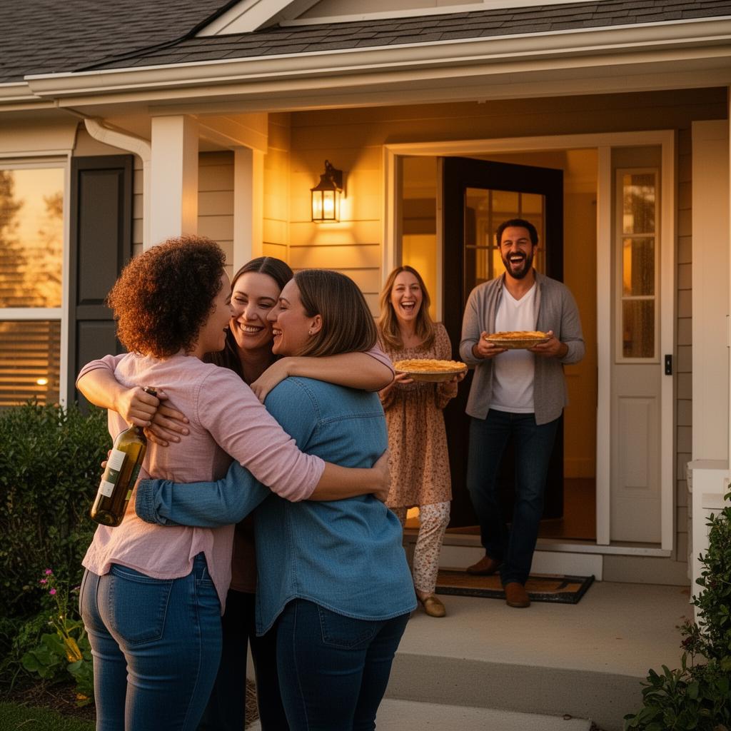 Friends hugging hello on a front porch at golden hour, one holding wine, another a pie.