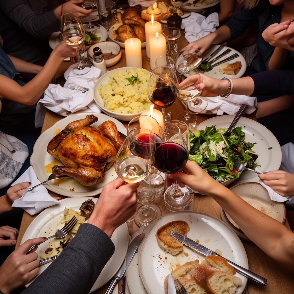 Overhead of a lively dinner table mid-toast, wine glasses clinking over shared plates.