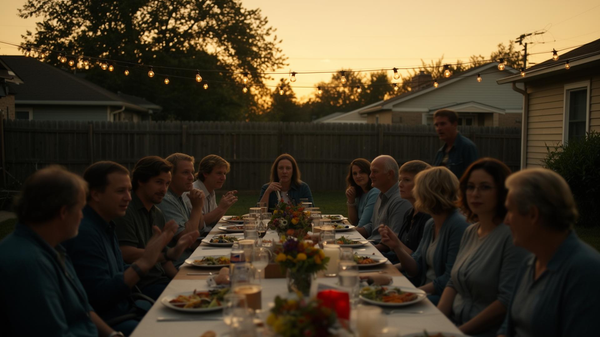 Guests softly silhouetted, watching a short film together in a warm dim living room.